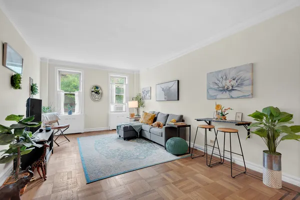 a living room with furniture potted plant and a window