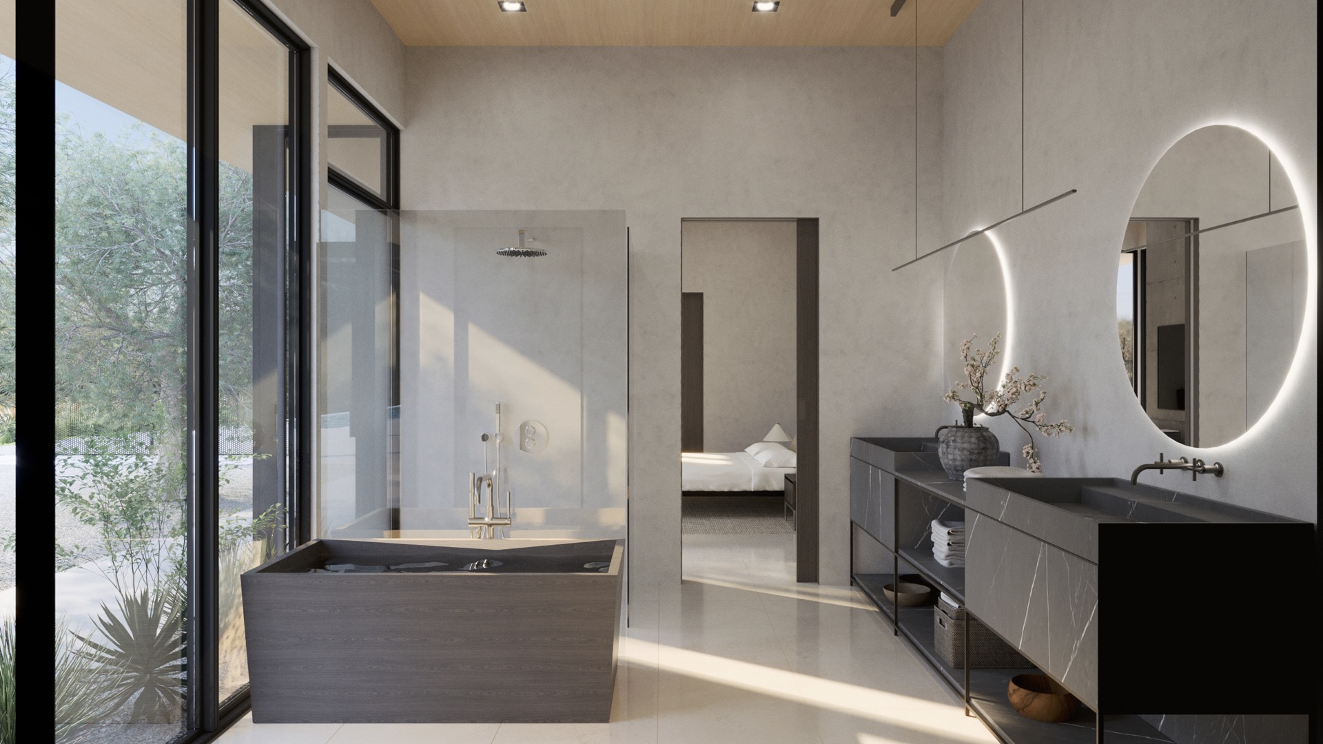 6660 Wandermere Road Malibu, CA 90265 - Photo 11 of 21 a en suite bathroom with a double vanity sink a mirror and a large mirror