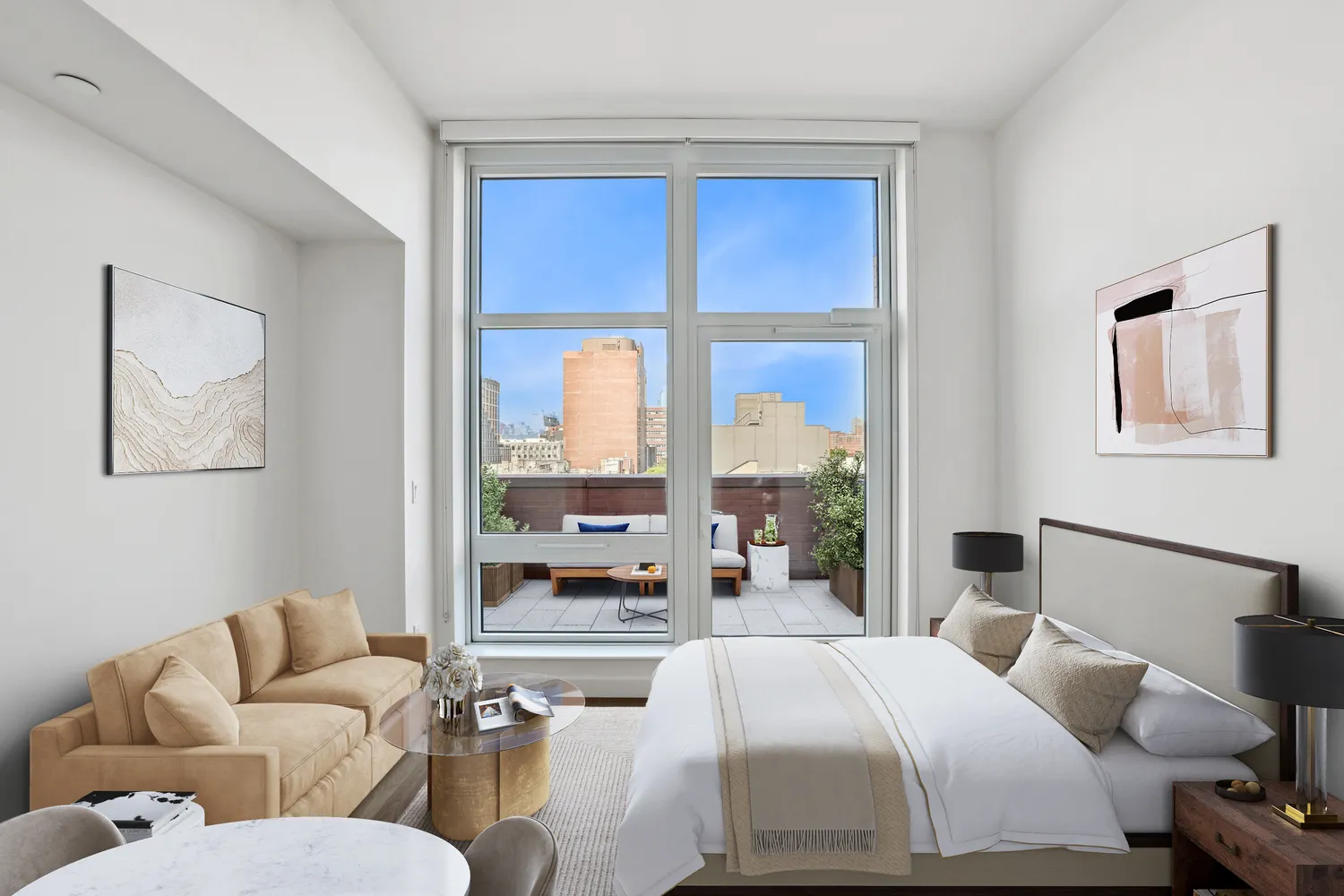 a bedroom with a large bed and a large window