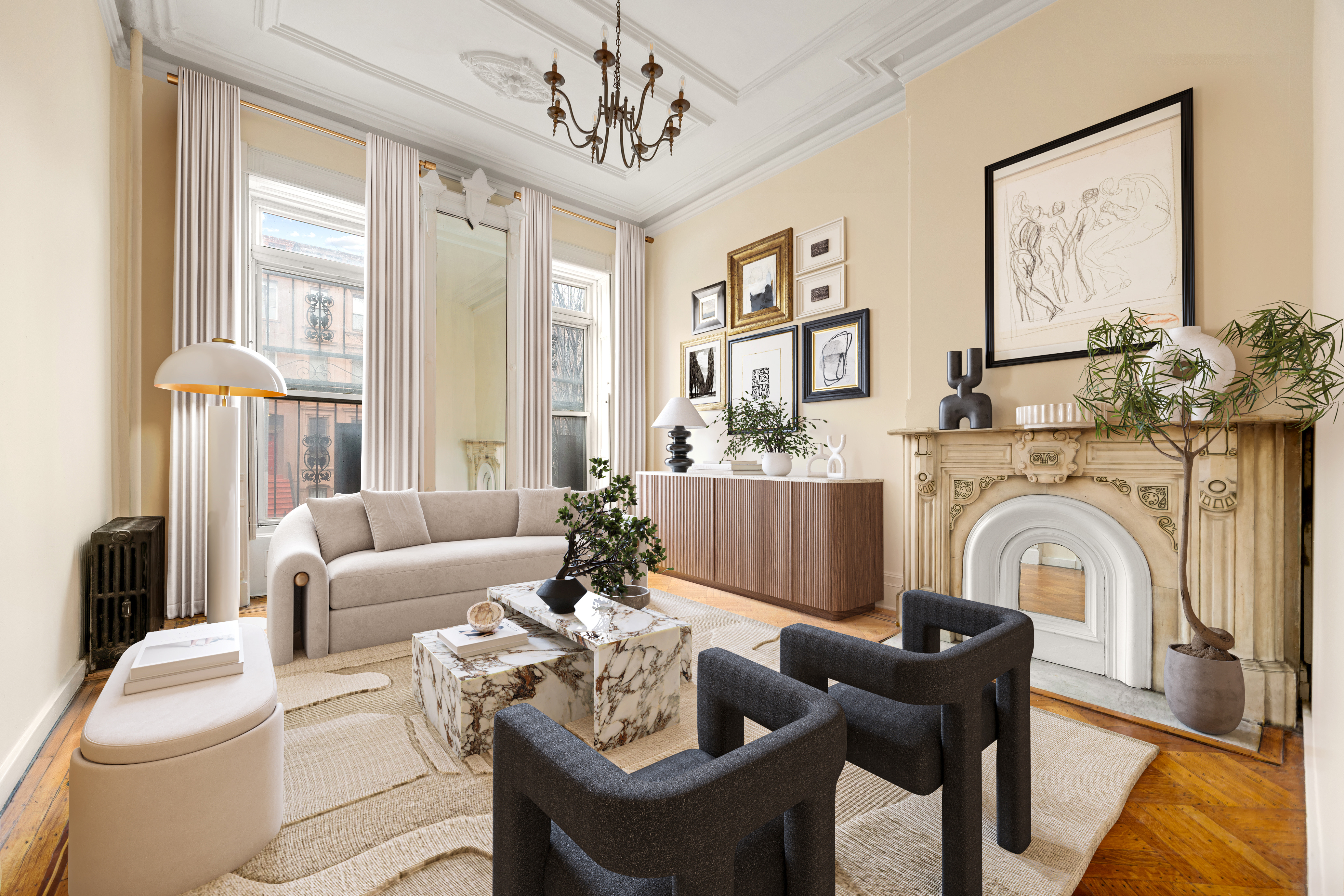 a living room with furniture a fireplace and a large window
