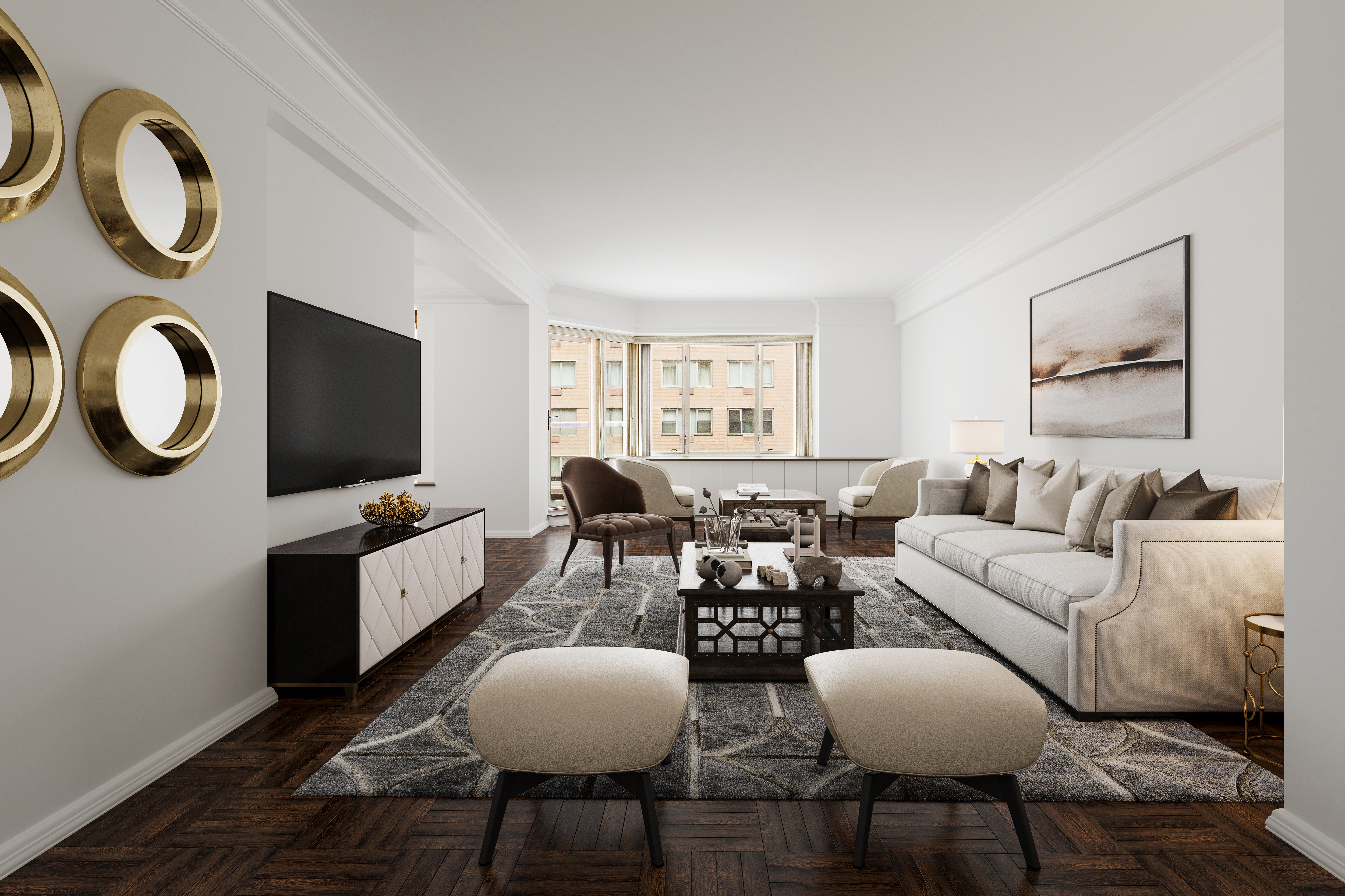 a living room with furniture a flat screen tv and a window