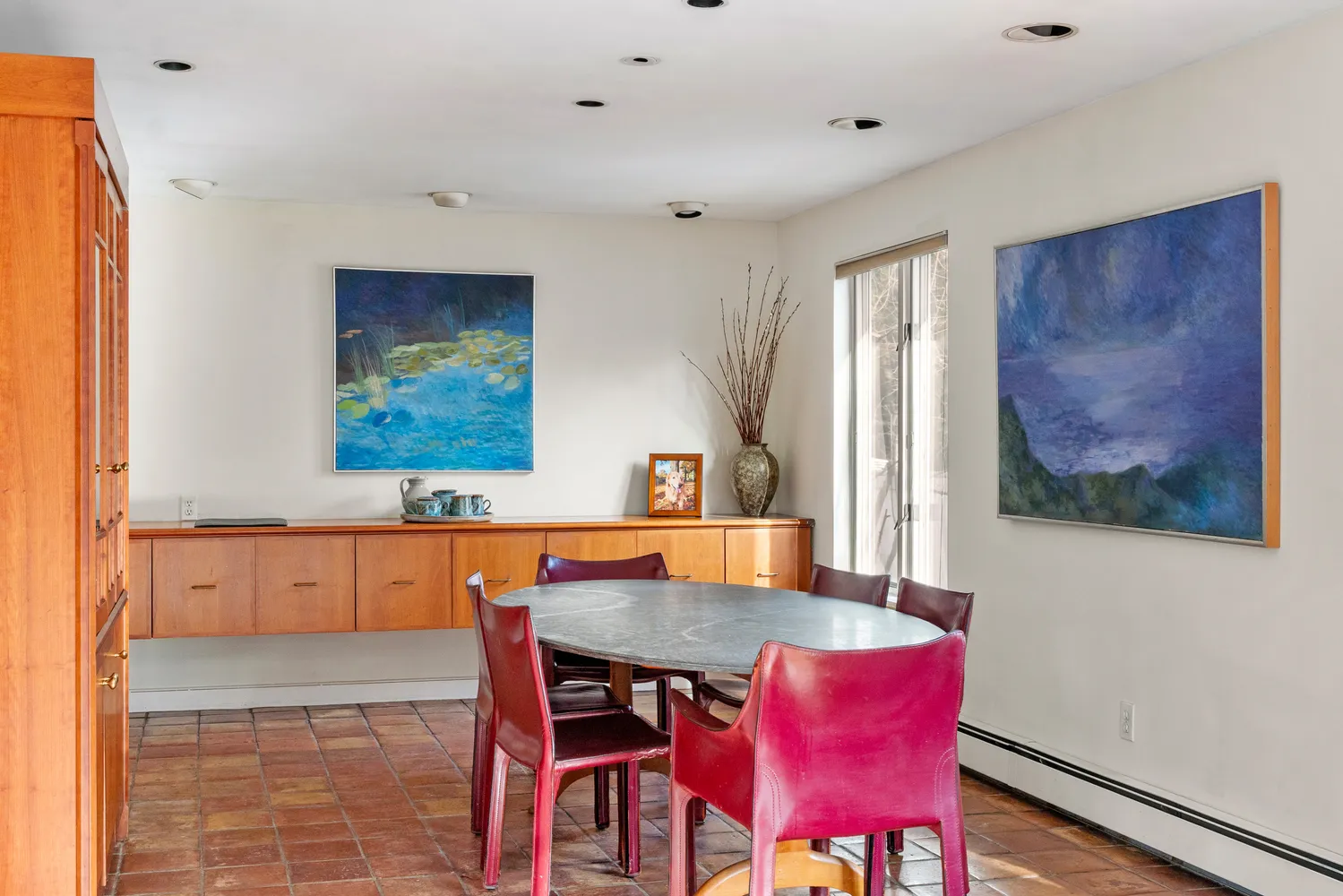 a view of a dining room with furniture