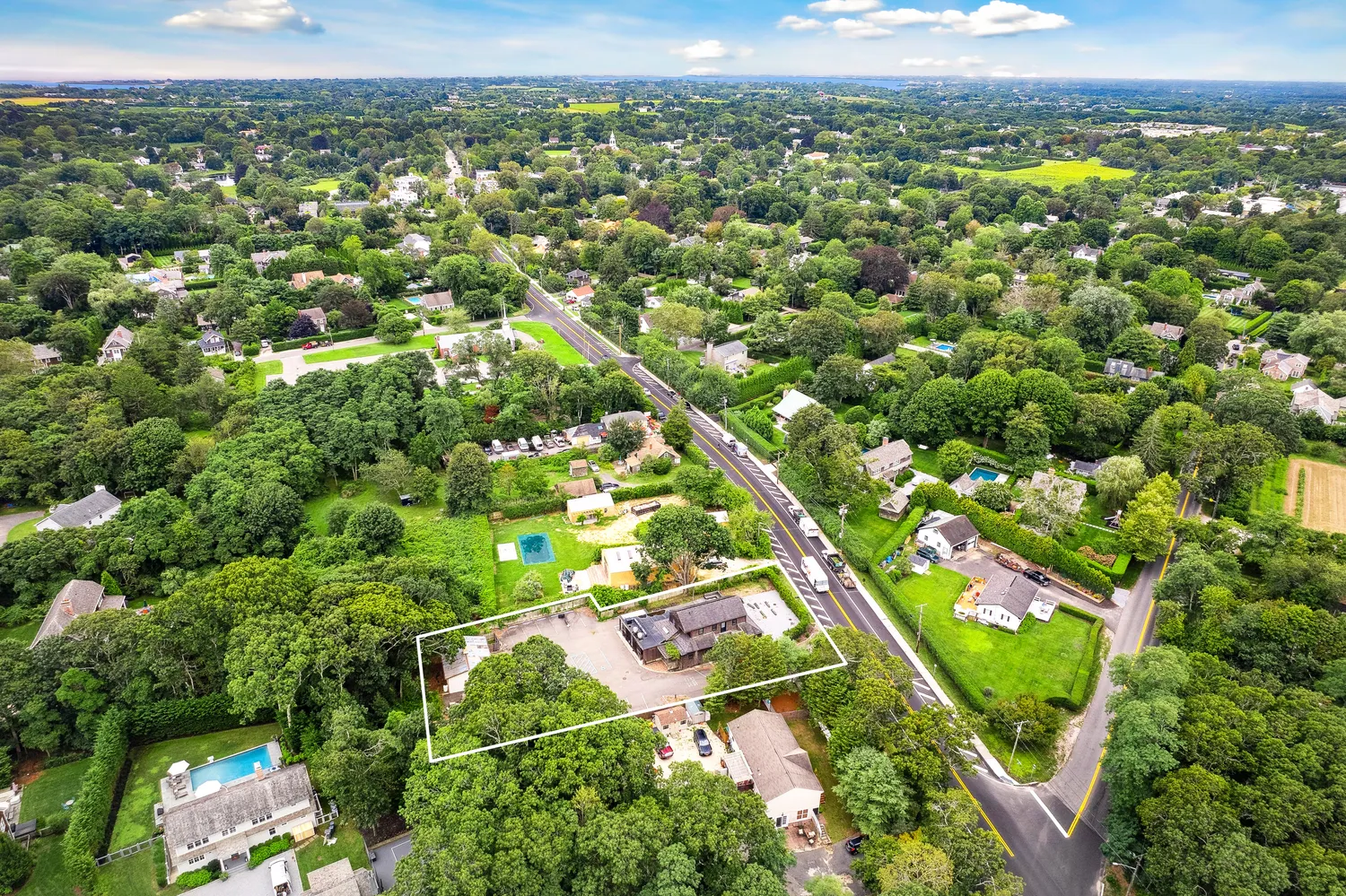 an aerial view of residential houses with outdoor space and trees