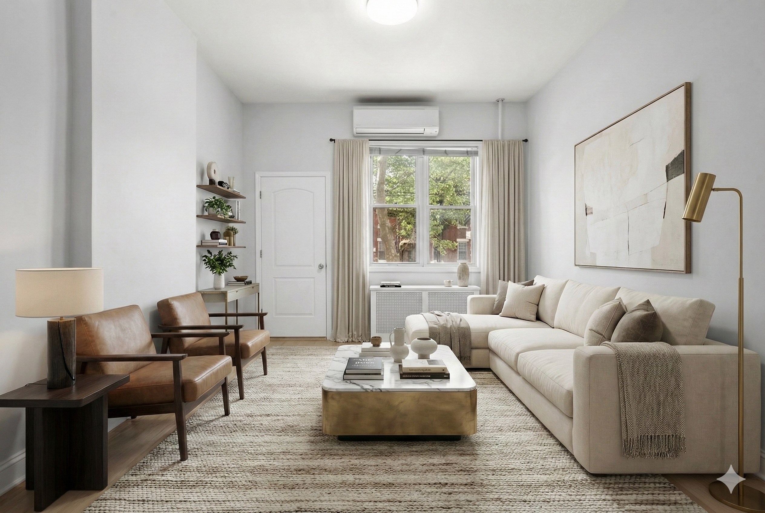 a living room with furniture and a potted plant