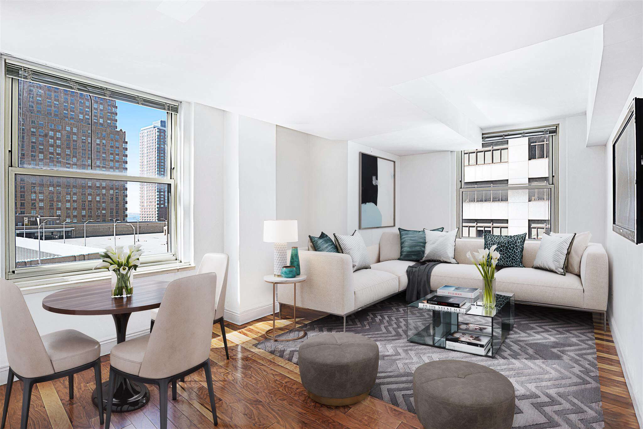 88 Greenwich Street, Unit 1023 Manhattan, NY 10006 - Photo 1 of 20 a living room with furniture and a large window
