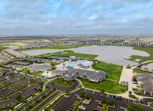 an aerial view of a swimming pool