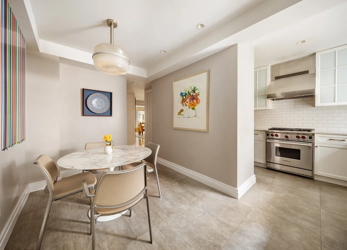 a view of a dining room with furniture
