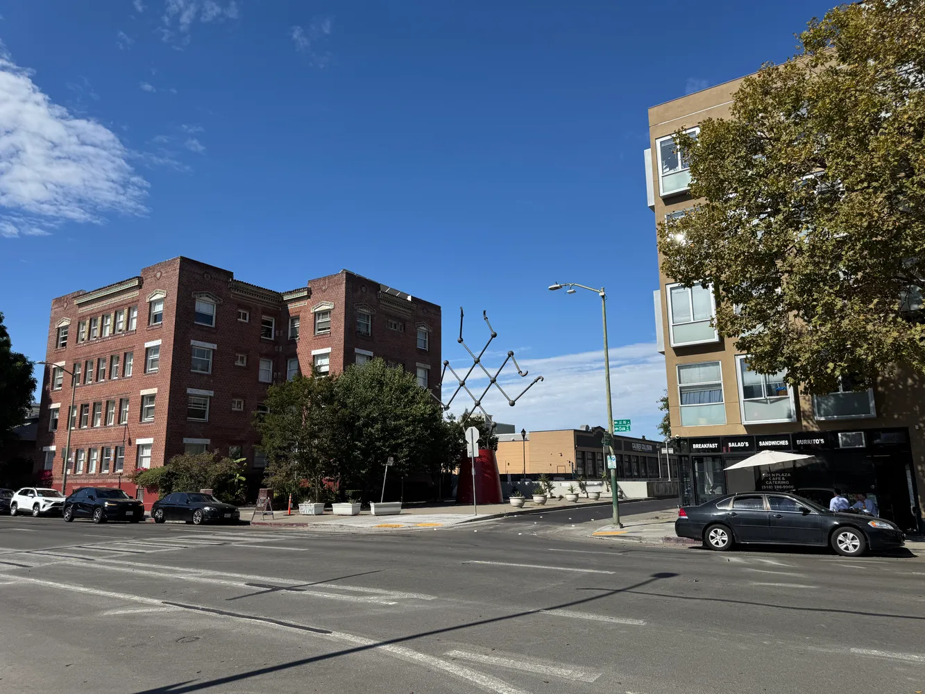 a view of a building and a street