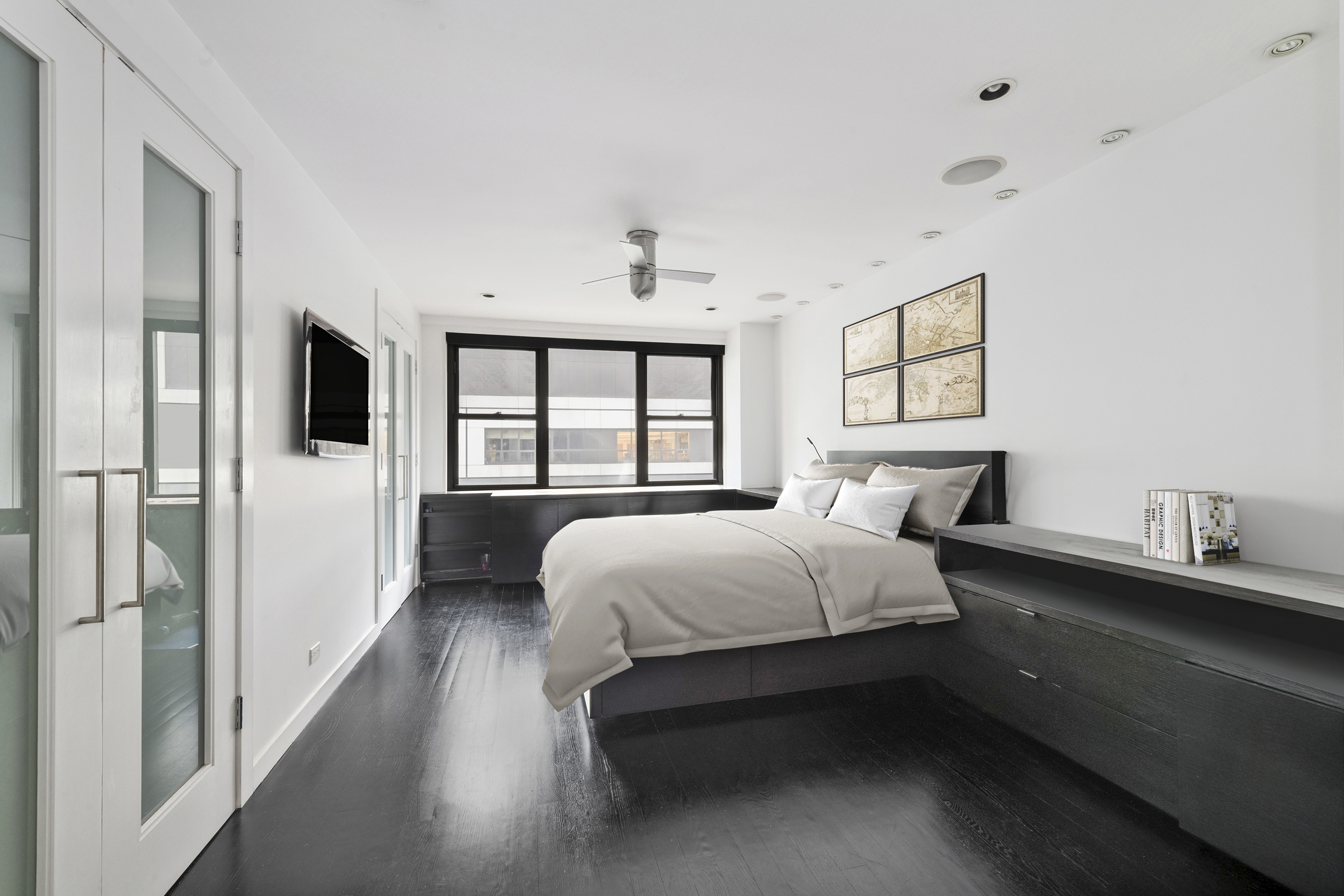 235 East 57th Street, Unit 5D Manhattan, NY 10022 - Photo 6 of 10 a bedroom with a bed tv and window