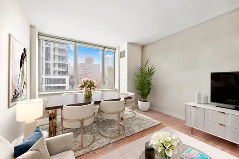 a living room with furniture a flat screen tv and a potted plant