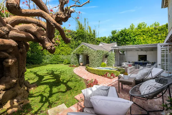 a view of a patio with couches table and chairs potted plants and palm tree