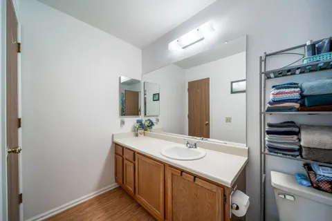 a bathroom with a sink vanity and mirror