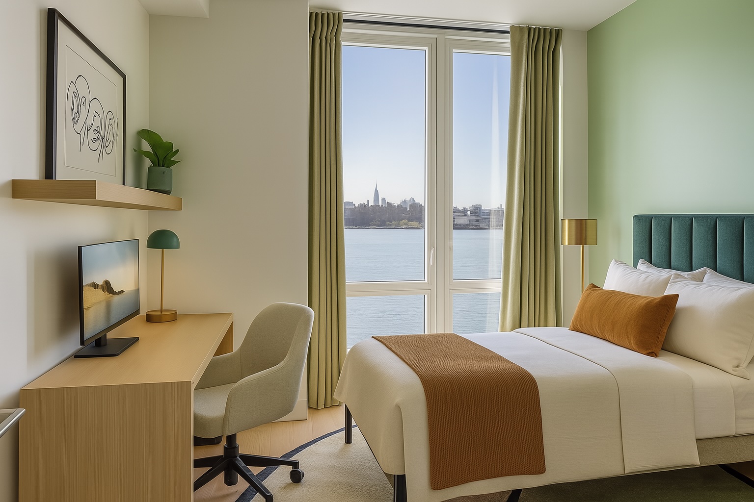 60 Wharf Drive, Unit 912 Brooklyn, NY 11222 - Photo 3 of 9 a bedroom with a bed chair and a window