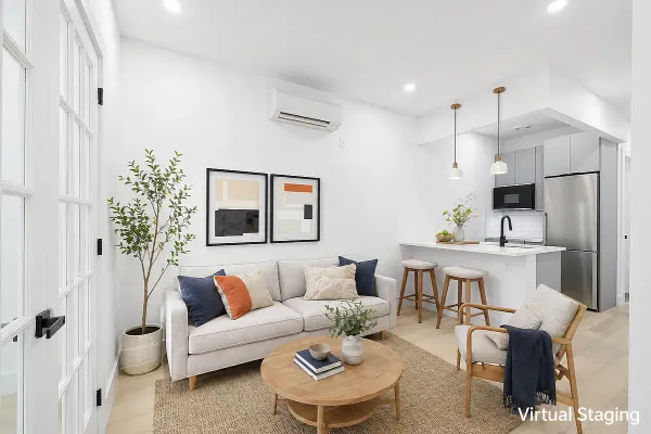 a living room with furniture and a chandelier
