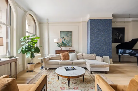 a living room with furniture and a potted plant