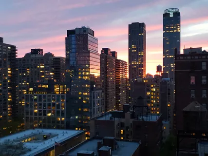 a city view with tall buildings