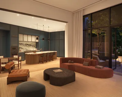 a living room with furniture kitchen view and a large window