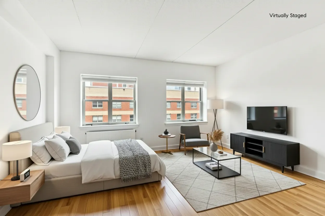 a spacious bedroom with a bed and a flat screen tv