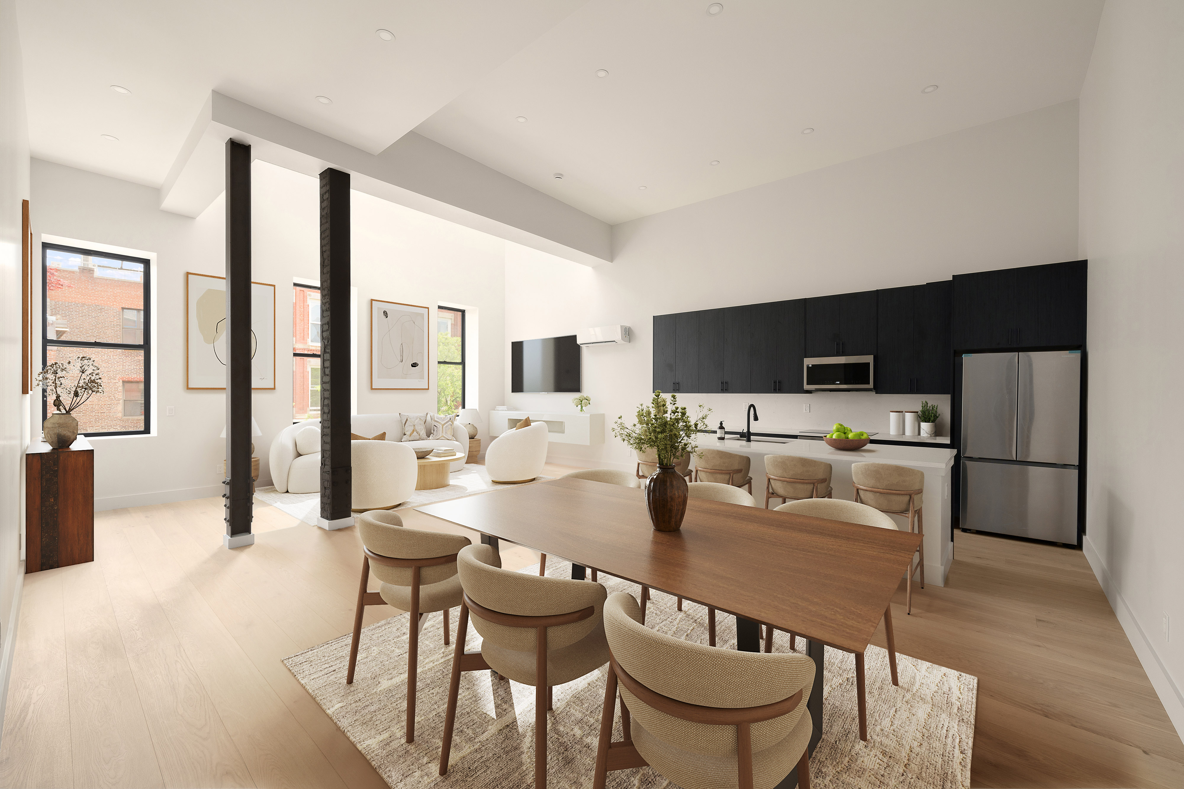 a dining room with furniture a large window and stainless steel appliances