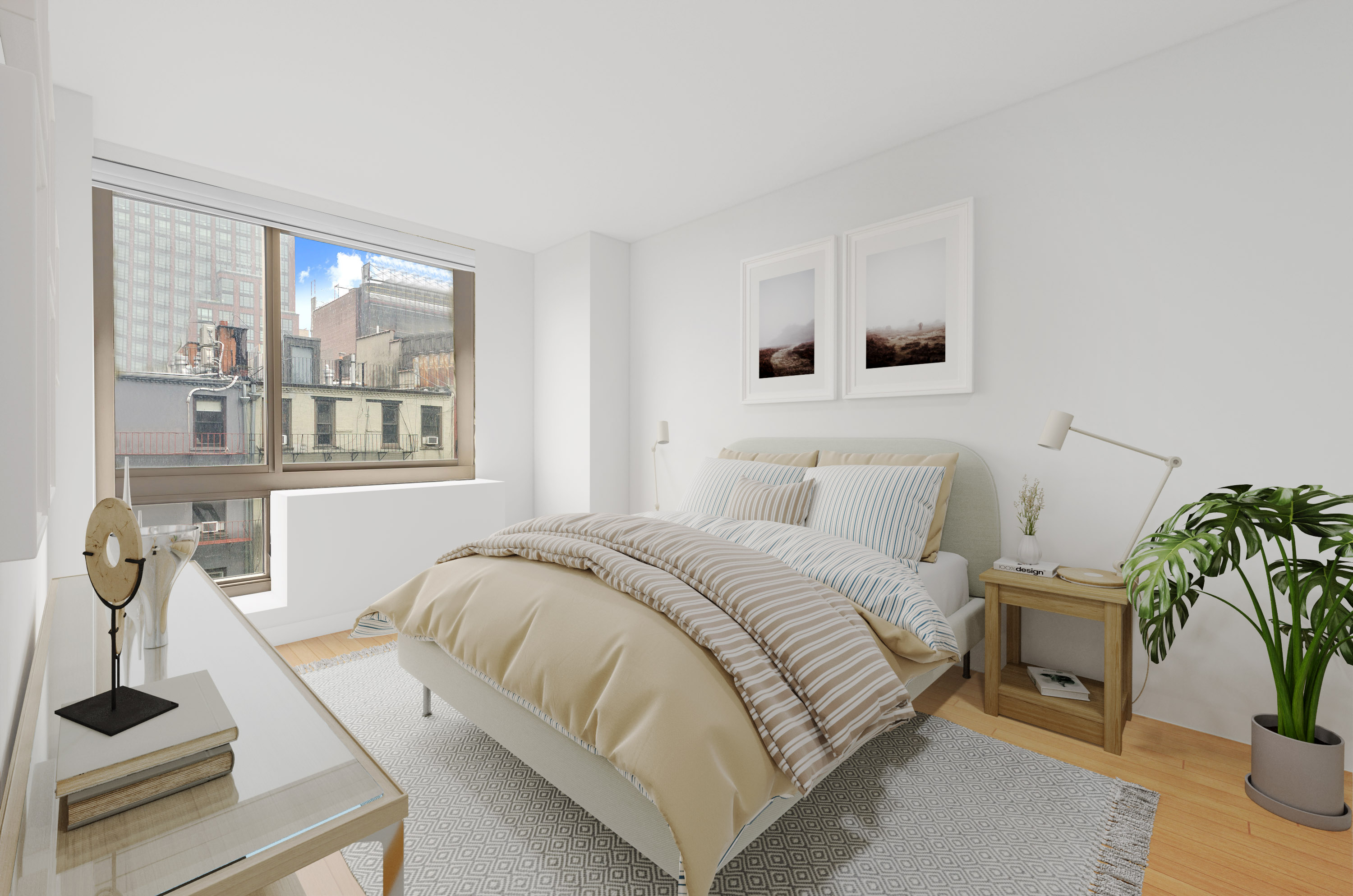 242 East 25th Street, Unit 5B Manhattan, NY 10010 - Photo 5 of 12 a bedroom with a bed and a potted plant on the dresser