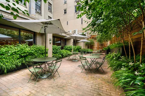 a view of a patio with table and chairs and potted plants