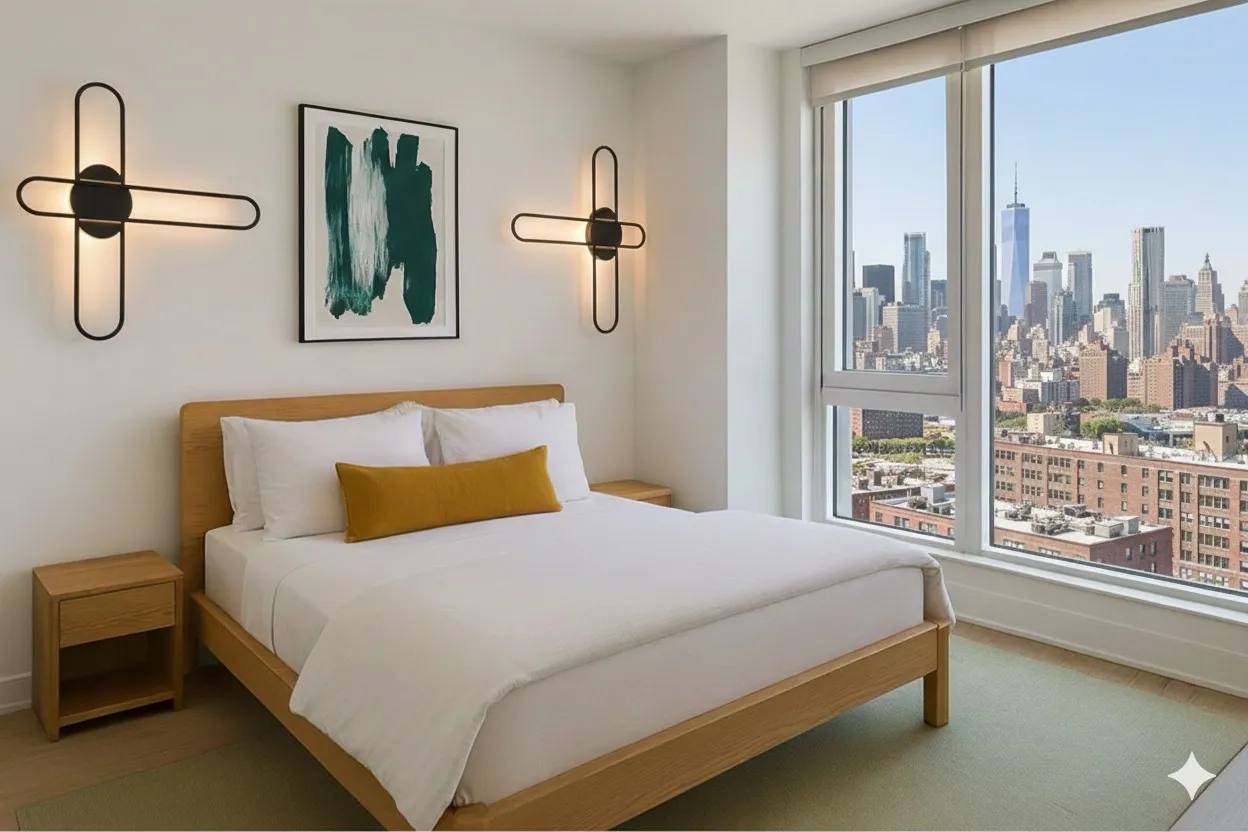 a bedroom with a large bed and a chandelier