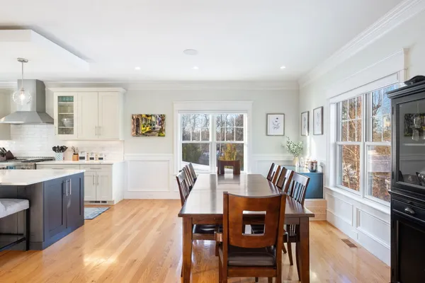a view of a dining room with furniture window and wooden floor