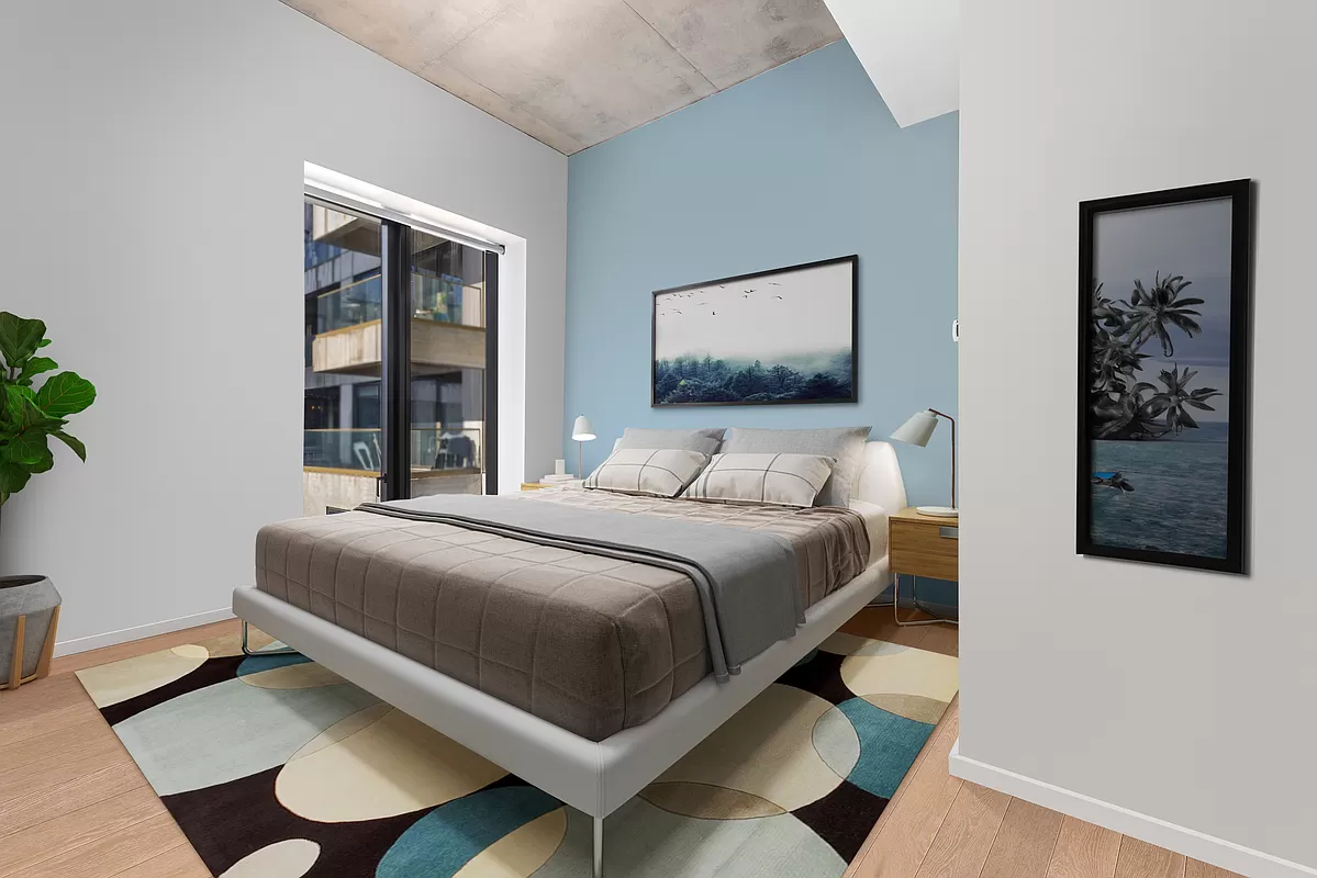 98 Front Street, Unit PH Brooklyn, NY 11201 - Photo 9 of 26 a bedroom with a bed and wall painting