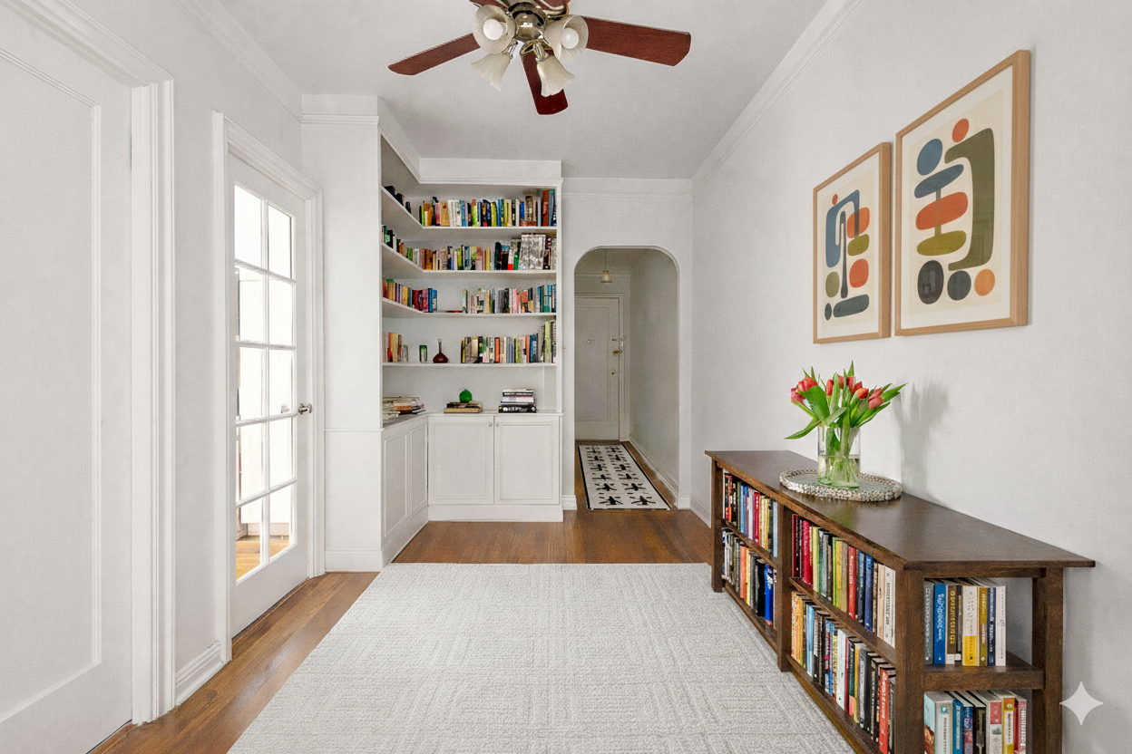 a living room with stainless steel appliances wooden floor and a book shelf