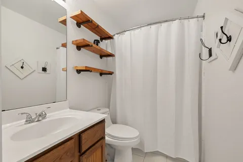 a bathroom with a sink a toilet and shower curtain