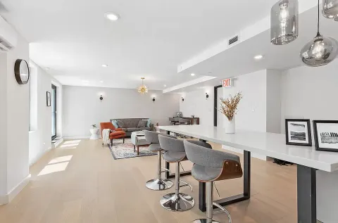 a view of a dining room with furniture