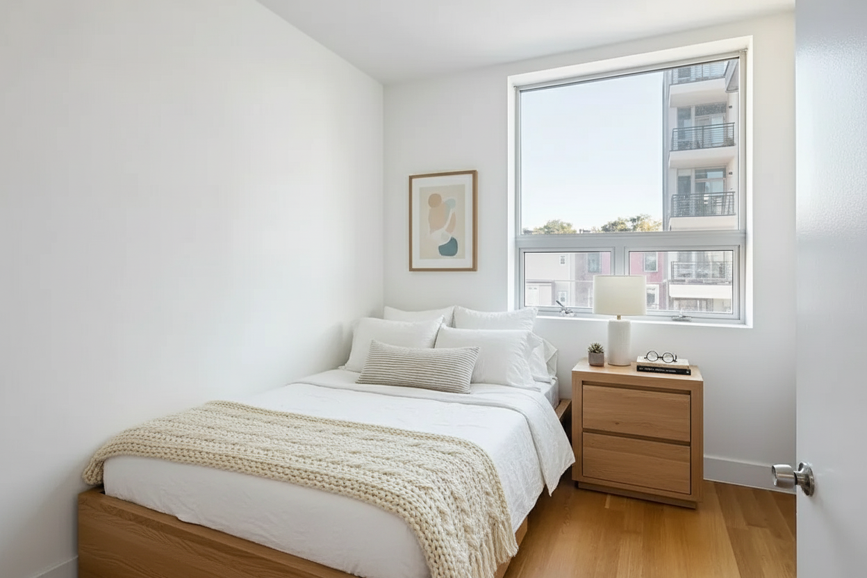 128 Newton Street, Unit 2B Brooklyn, NY 11222 - Photo 6 of 13 a bedroom with a bed and wooden floor