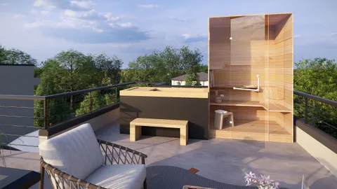 a view of balcony with furniture