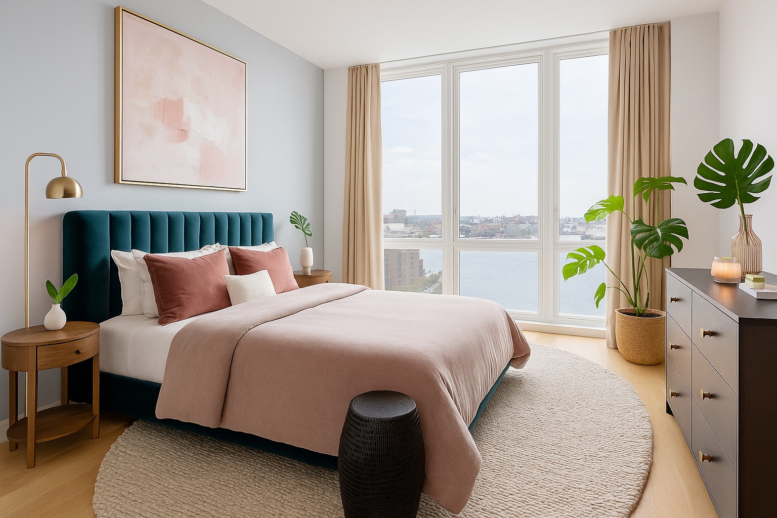 60 Wharf Drive, Unit 912 Brooklyn, NY 11222 - Photo 1 of 9 a bedroom with a bed potted plant and a large window