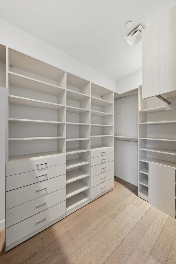 a view of walk in closet and empty racks