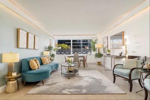 a living room with furniture and a potted plant on table