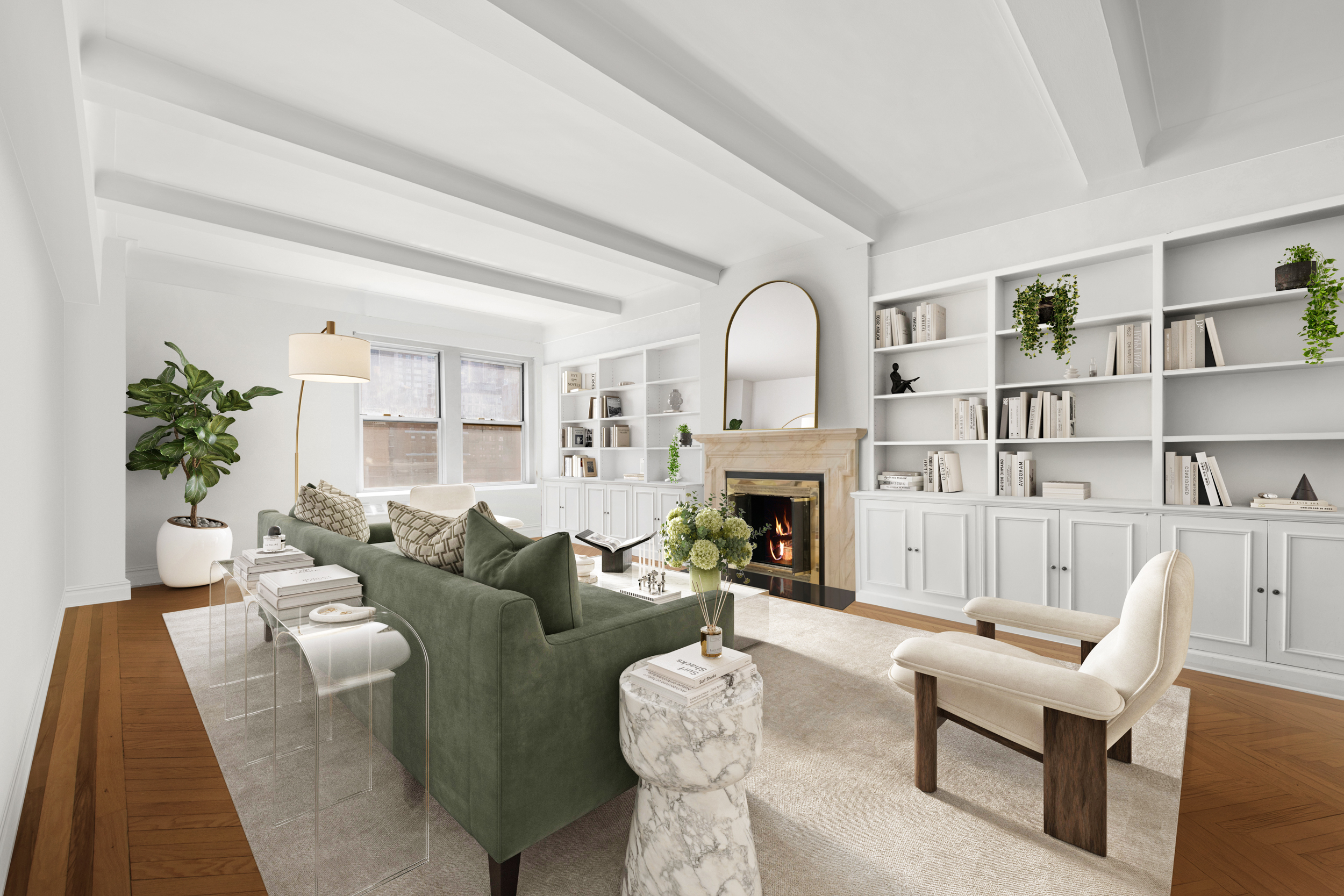 a living room with furniture a fireplace and a potted plant
