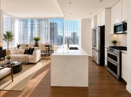 a living room with furniture wooden floor and a large window
