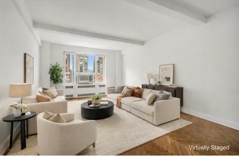 a living room with furniture and a potted plant