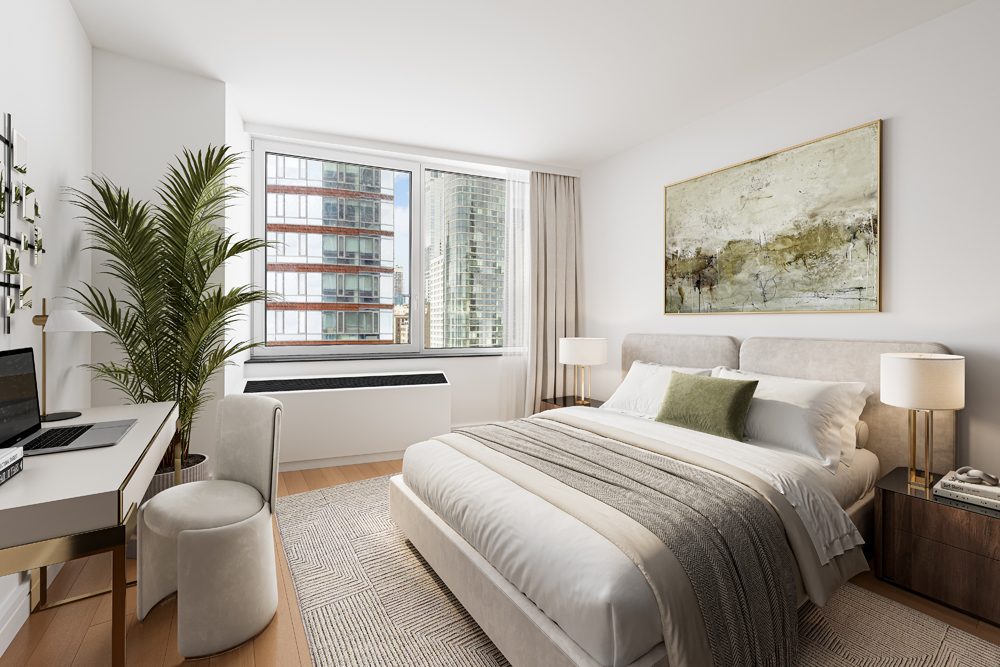 30 West Street, Unit 19A Manhattan, NY 10004 - Photo 6 of 12 a bedroom with a large bed and a large window