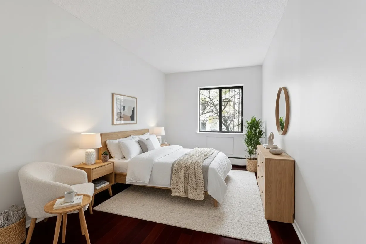 a bedroom with a bed a mirror table and chair