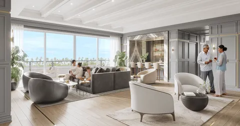a living room with furniture large windows and wooden floor