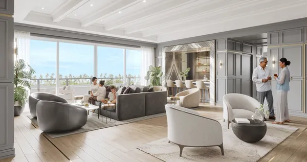 a living room with furniture large windows and wooden floor