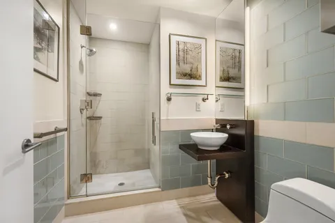 a bathroom with a sink and a shower