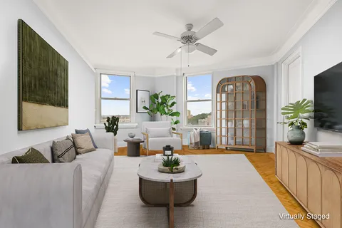 a living room with furniture and a potted plant