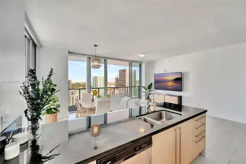a kitchen with a counter space a sink and a window
