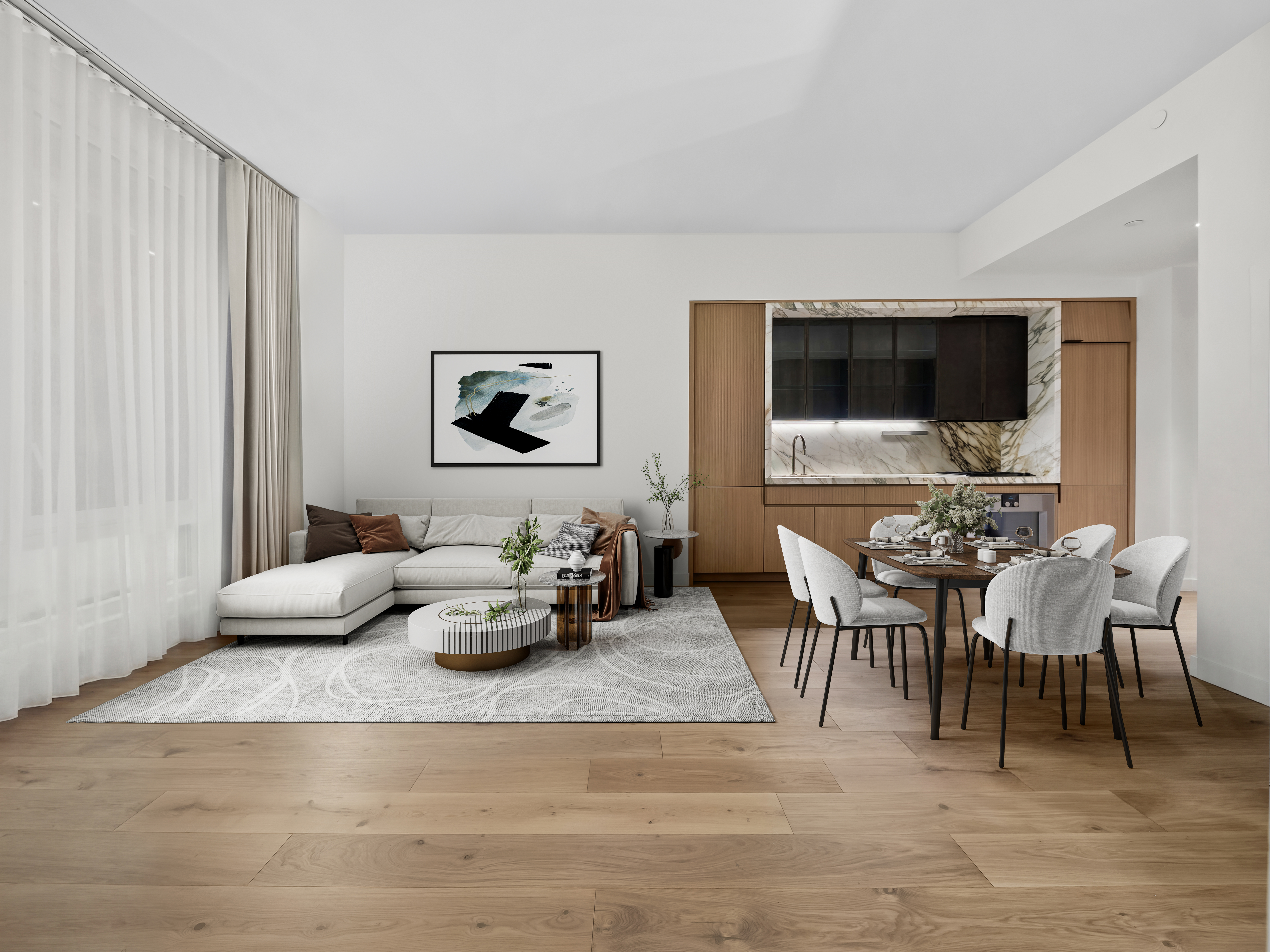 135 East 47th Street, Unit 4F Manhattan, NY 10017 - Photo 2 of 11 a living room with furniture and a flat screen tv