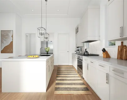 a large kitchen with stainless steel appliances a stove a sink dishwasher and white cabinets with wooden floor