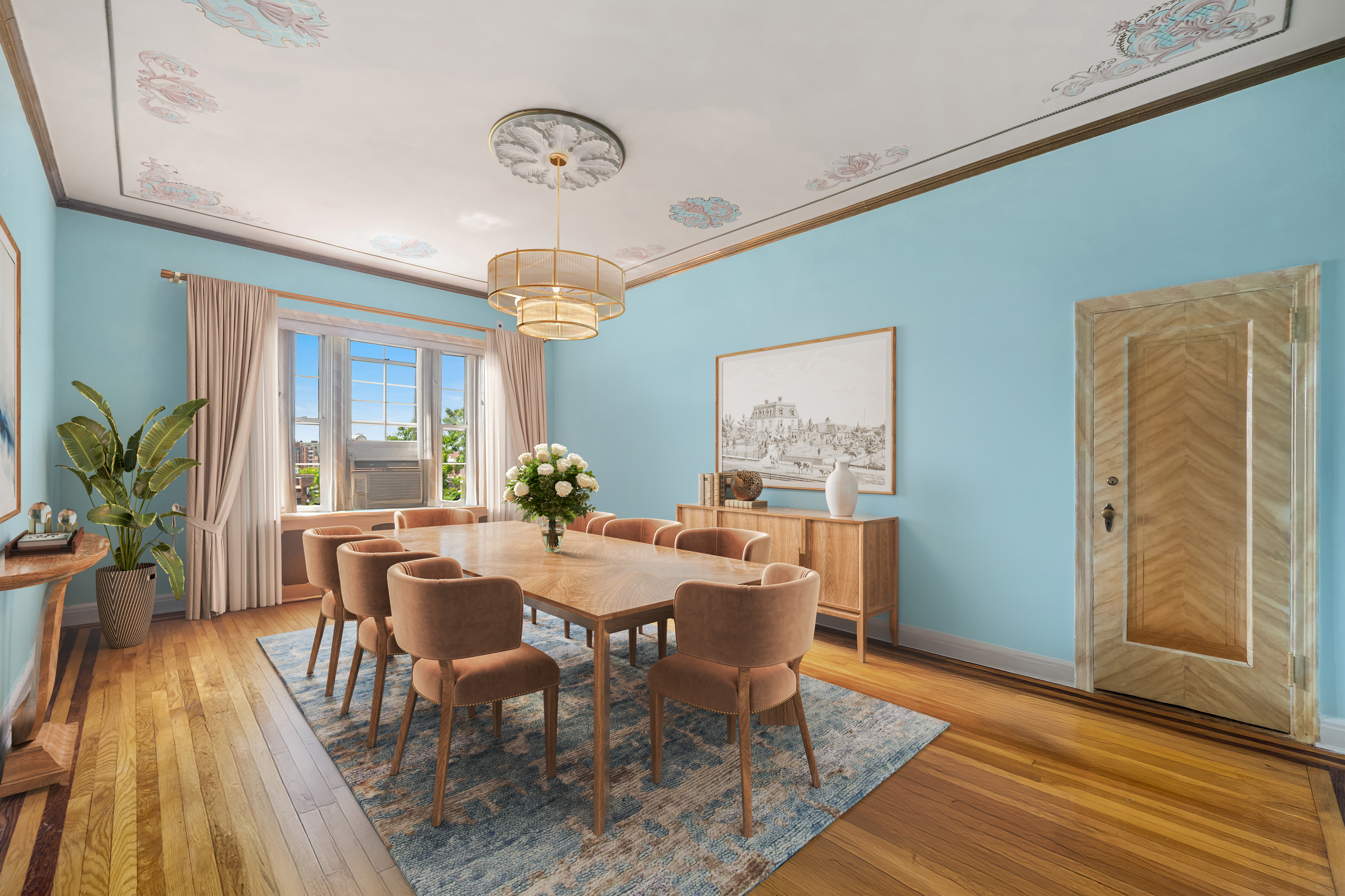 a view of a dining room with furniture window and wooden floor