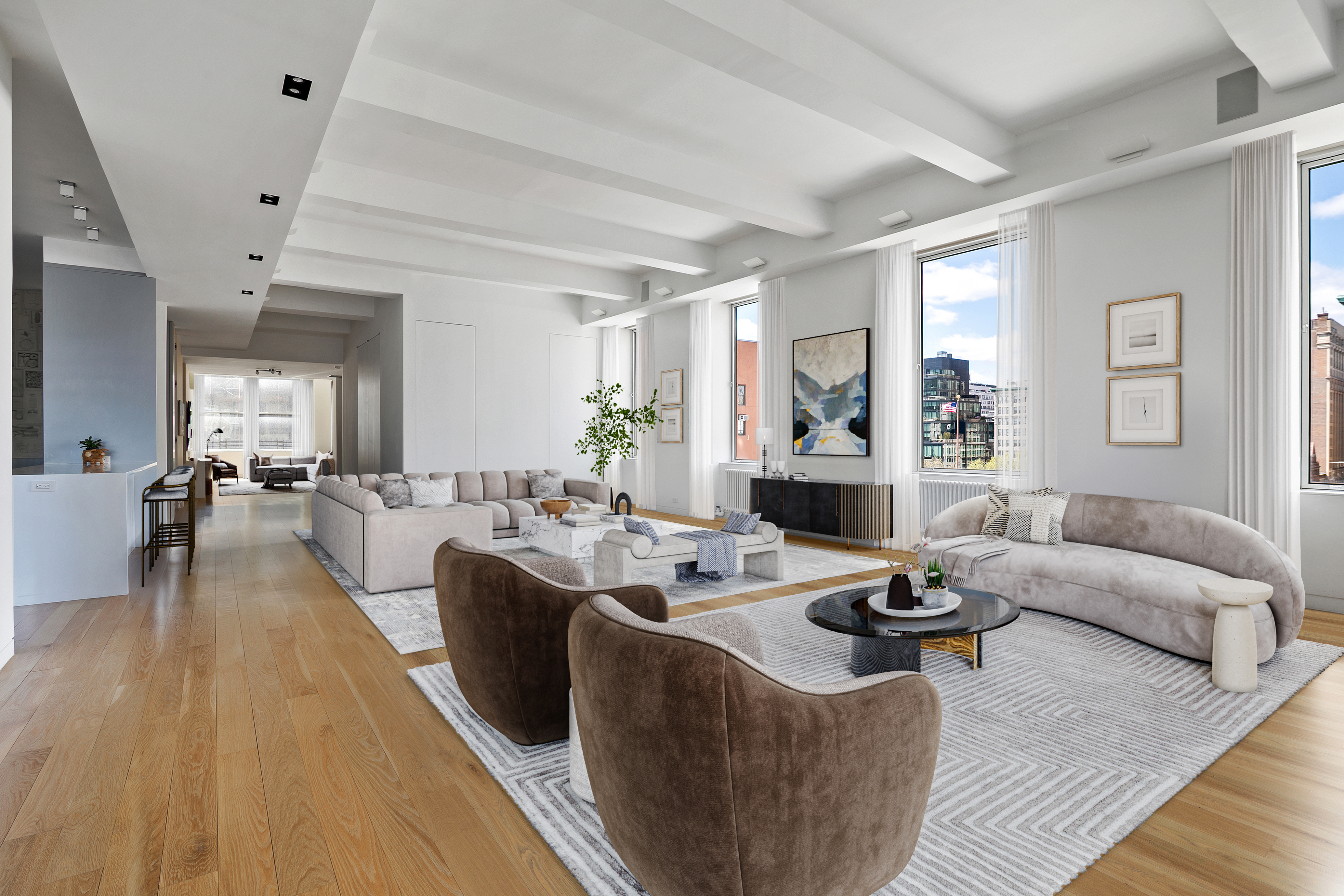 a living room with furniture kitchen view and a large window